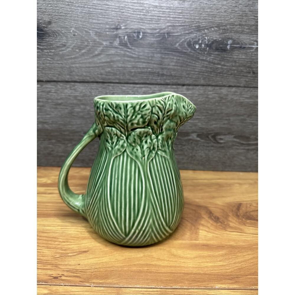 Vintage Bordallo Pinheiro Pitcher Vase Celery Leaf Green Portugal 6.75”
